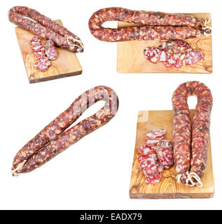 set of dried smoked sausages isolated on white background Stock Photo