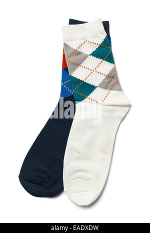 Pair of Mismatched Blue and White Socks Isolated on White Background. Stock Photo