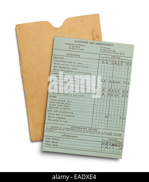 Green Aged Report Card With Yellow Envelope Isolated on White Background. Stock Photo