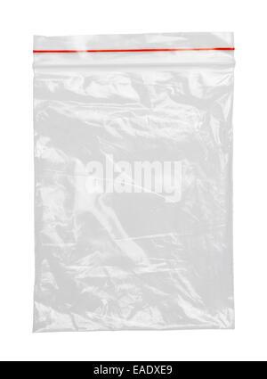 Clear Plastic Bag With Red Seal Isolated on White Background. Stock Photo