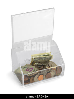 Clear Plastic Donation Box With Money and Copy Space Isolated on White Background. Stock Photo