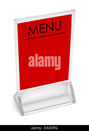 Table Top Upright Plastic Menu Sign Isolated on White Background. Stock Photo