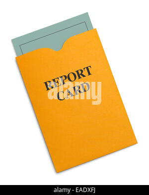 New Green Report Card Inside Yellow Envelope Isolated on White Background. Stock Photo