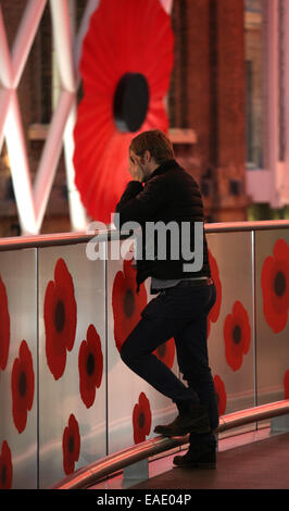 London, UK. 11th November, 2014. A person with poppies all around him at Kings Cross Railway Station on Armistice Day in London, UK. This year also marks the 100 year anniversary of the start of the First World War. Credit:  Paul Marriott/Alamy Live News Stock Photo
