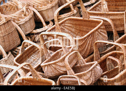 Empty new wicker baskets for sell, displayed at the market or fair Stock Photo