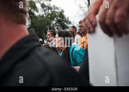 BOSNIA AND HERZEGOVINA / Vitez / People watch two bulls fighting head to head during bull fights in the town of Vitez. Stock Photo