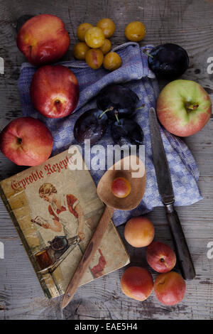 Kitchen scene, old cookbook, apples, prunes, plums, apricots and nectarines on a wooden surface Stock Photo