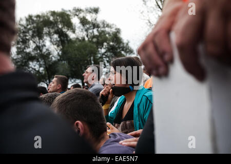 BOSNIA AND HERZEGOVINA / Vitez / People watch two bulls fighting head to head during bull fights in the town of Vitez. Stock Photo