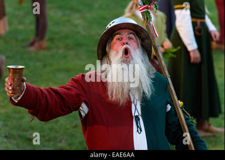 Bailiff holding a cup wearing a medieval costume at the showgrounds, Festive Games, "Landshut Wedding", Landshut, Lower Bavaria Stock Photo