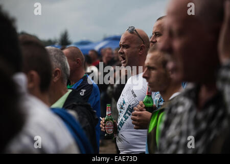 BOSNIA AND HERZEGOVINA / Vitez / People watch two bulls fighting head to head during bull fights in the town of Vitez. Stock Photo