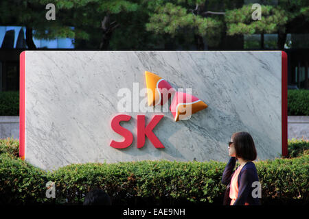 South Korea: Company sign in front of SK Group headquarters in Seoul. Photo from 6. August 2013. Stock Photo