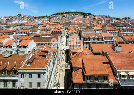 View from Santa Justa Elevator, Elevador de Santa Justa or Elevador do Carmo over the historic city centre of Lisbon with red Stock Photo