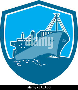 Illustration of a passenger cargo container ship on sea set inside shield crest on isolated background done in retro style. Stock Photo