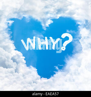 why question word on blue sky inside love heart cloud form Stock Photo