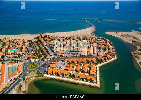 Aerial view, Port Leucate with holiday complex, Leucate, Languedoc-Roussillon, France Stock Photo