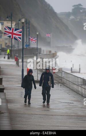 Walkers brave the elements as stormy weather batters the coast in Teignmouth, Devon, UK. Stock Photo