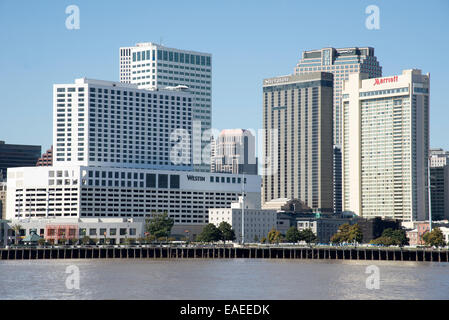 New Orleans waterfront properties  Westin Sheraton Marriott hotels.New Orleans on the Mississippi River Louisiana USA Stock Photo