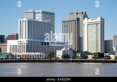 New Orleans waterfront properties  Westin Sheraton Marriott hotels.New Orleans on the Mississippi River Louisiana USA Stock Photo