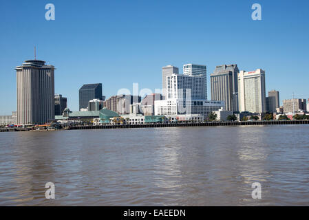 New Orleans waterfront properties  Westin Sheraton Marriott hotels.New Orleans on the Mississippi River Louisiana USA Stock Photo