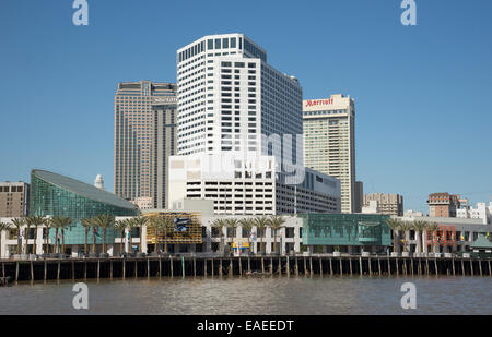 New Orleans waterfront properties  Westin Sheraton Marriott hotels.New Orleans on the Mississippi River Louisiana USA Stock Photo