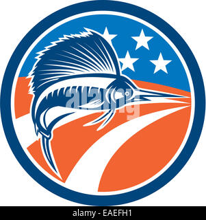 Illustration of a sailfish fish jumping viewed from the side with american stars and stripes flag in the background set inside circle done in retro style. Stock Photo