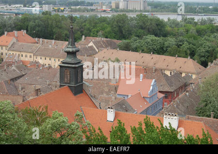 The view over the rooftops of the old town of Petrovaradin, as well as the Danube and the city of Novi Sad. Photo May 02, 2013. Stock Photo
