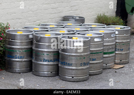 A typical keg barrel with single opening in the center of the top end on the streets of London England Stock Photo