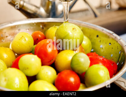 Green and red tomatoes being washed under a tap Stock Photo