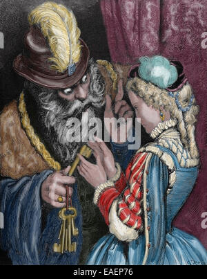 Charles Perrault (1628-1703). French writer. Bluebeard. Bluebeard and his wife. Engraving by Gustave Dore. Colored. Stock Photo