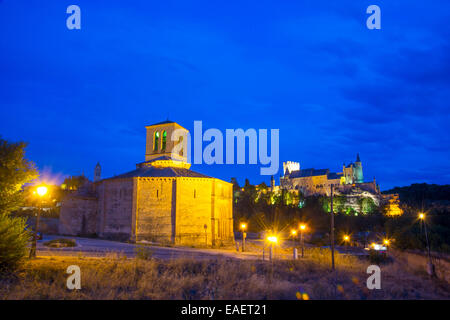 La Vera Cruz church and The Alcazar, night view. Segovia, Castilla Leon, Spain. Stock Photo