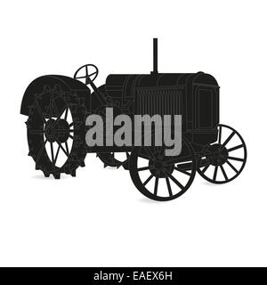 The silhouette of the old tractor in black and white Stock Photo
