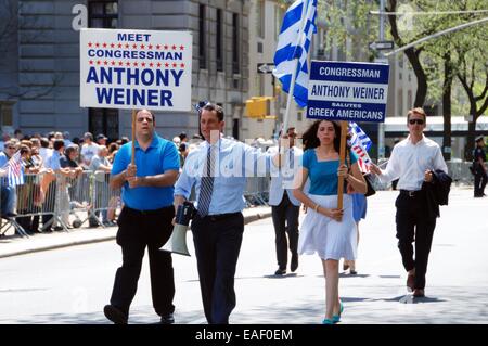 NYC:  Former New York Congressman Anthony Weiner marching in the annual Greek Independence Day Parade on Fifth Avenue Stock Photo