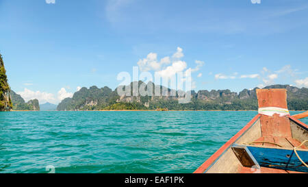 Travel by small boats at Ratchapapha dam in Khao Sok National Park Surat Thani province, Guilin of Thailand. Stock Photo