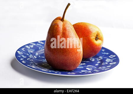 Two fresh pears in a blue plate on white background Stock Photo
