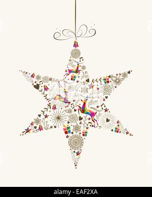 Vintage Christmas star bauble shape with colorful reindeer and retro elements greeting card. EPS10 vector file organized in laye Stock Photo