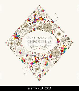 Vintage Merry Christmas diamond shape with colorful reindeer and retro label greeting card. EPS10 vector file organized in layer Stock Photo