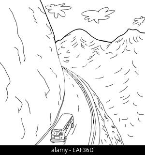 Outline cartoon drawing of school bus on mountain highway Stock Photo