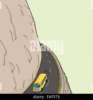 School bus driving on bend in road on mountain Stock Photo