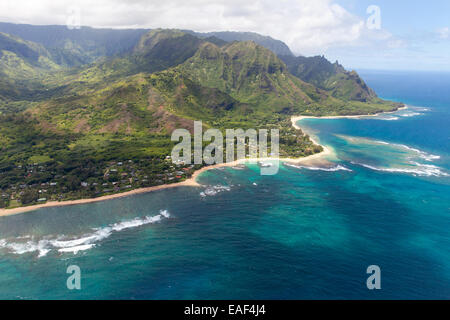 Tunnels and Haena Beach from air, Kauai, Hawaii, USA Stock Photo