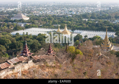 View from top of Mandalay Hill with white pagodas at Sandamuni Temple,Mandalay,Burma, Myanmar, South East Asia, Asia, Stock Photo