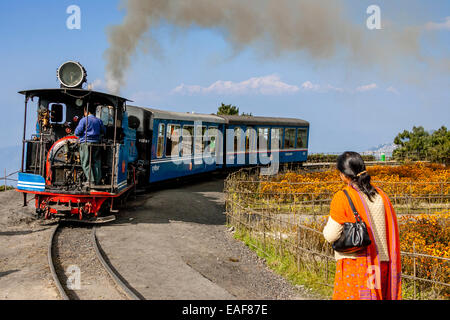 A Woman Waits To Board The Darjeeling Himalayan Railway (aka The Toy Train) Darjeeling, West Bengal, India Stock Photo