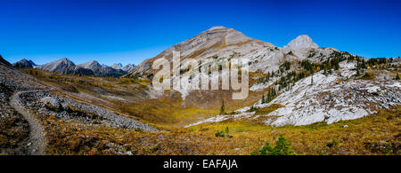 Scenic Landscapes of a high mountain valley and golden Larch Trees, Burstall Pass area of Kananaskis Country Alberta Canada Stock Photo