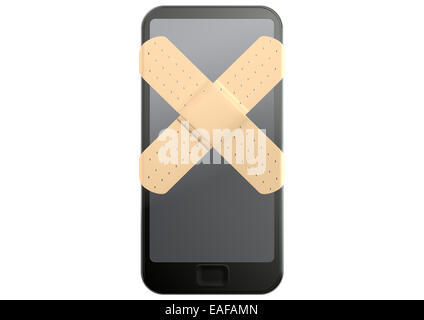 A regular modern day smart phone concept showing a criss cross of band aids covering the screen symbolizing a repair on an isola Stock Photo