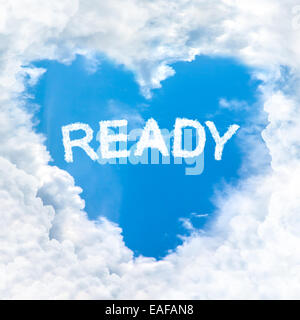 ready word inside love cloud heart shape blue sky background only Stock Photo