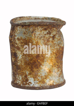 Old rusty tin can on white background Stock Photo