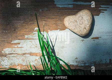 Stone heart shape on wood. Green grass Stock Photo