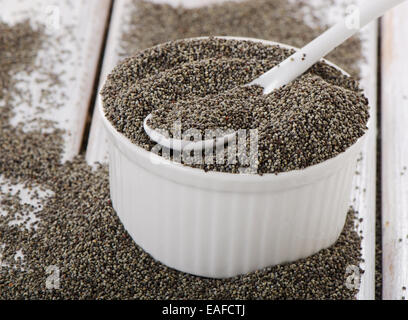 poppy seeds in a white bowl. Selective focus Stock Photo