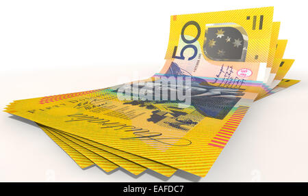 A group of five australian dollar banknotes fanned out and curved on an isolated white background Stock Photo