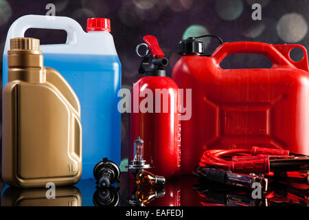 Essential elements in any car. Bulbs, fluids and battery! Stock Photo