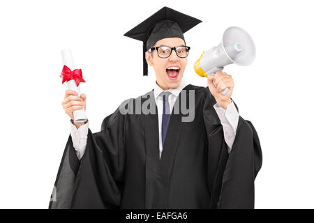 Graduate student speaking on a megaphone isolated on white background Stock Photo